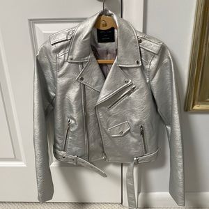 Metallic silver moto faux leather jacket